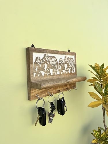 Image of Wooden Key Holder with Elephant Design, Wall Mounted, Natural Brown, 5 Hooks, Handcrafted Exclusive Home Decor (25.5X16.5X6.5 cms)
