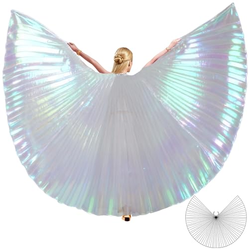 MUNAFIE Belly Dance Isis Wings with Sticks for Adult Belly Dance Costume Angel Wings for Halloween Carnival Performance white