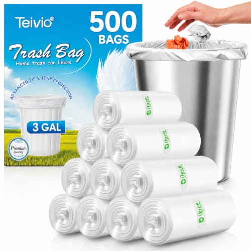 Image of 3 Gallon 500 Counts Strong Trash Bags Garbage Bags by Teivio, Bathroom Trash Can Bin Liners, Small Plastic Bags for home office kitchen