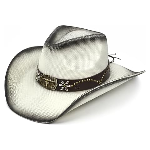 FLUFFY SENSE. Straw Cowboy Hat for Women and Men – Western Sun Hat for Country Concert, Rodeo and Cowgirl Outfits (US, Alpha, Medium, Large, Ash White Longhorn Skull) Cover