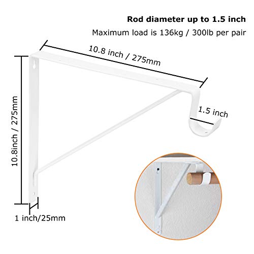 4 Pack Heavy Duty Closet Shelf & Rod Bracket，11 X 10.2 X 1 Inch Clothes Hanger Pole Support Bracket, White Closet Rod Support Hooks Wall Mounted Round Closet Rod Brackets For Tubing, Anchor Hardware #TOP1