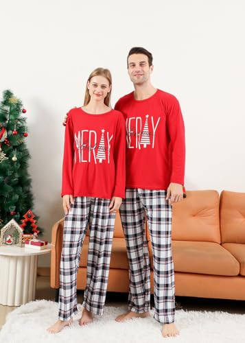 VNVNE Pijama de Natal para a família, conjunto combinando, blusa vermelha e calça xadrez para mulher