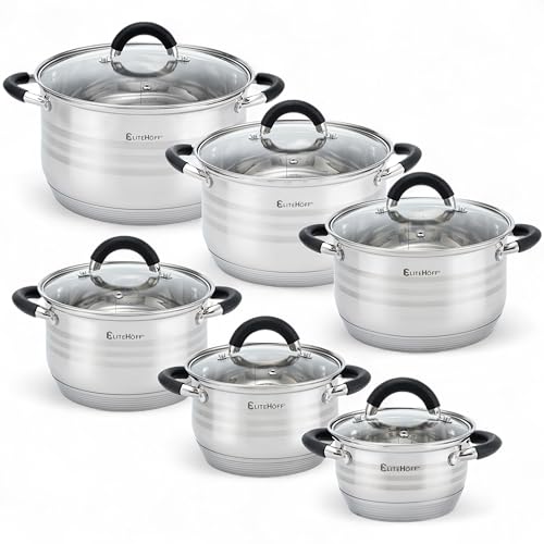 EliteHoff Topfset Induktion 12-teilig, Kochtopf Set mit Glasdeckeln und Silikongriffen, 7-lagiger Edelstahl Topf Set Induktionsgeeignet, Kochgeschirr Set für alle Herdarten, Silver/Schwarz (E-4027)