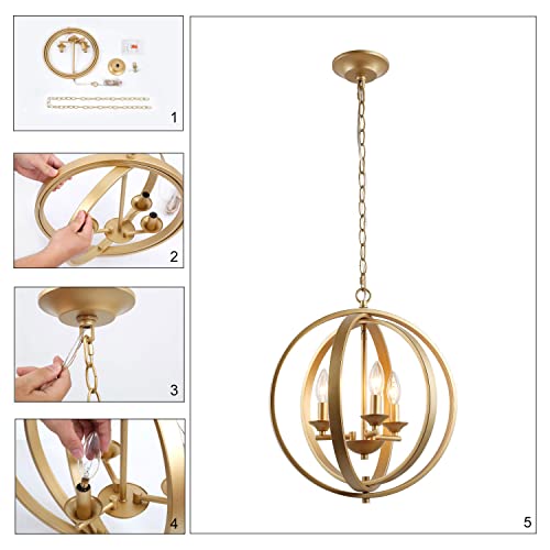 KSANA Gold Chandelier, 3-Light Modern Gold Orb Pendant Light Fixtures, Globe Foyer Pendant Lighting for Kitchen Island, Dining Room & Entryway, 15.5'' L x 18'' H, Soft Gold by KSANA - Image 8