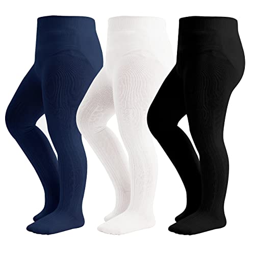 hakugoo - Baby Tights Toddler Cable Knit Leggings 3 Pack Cotton Seamless Stockings Pantyhose for Toddlers (Black+White+Navy, 6-12 Months)
