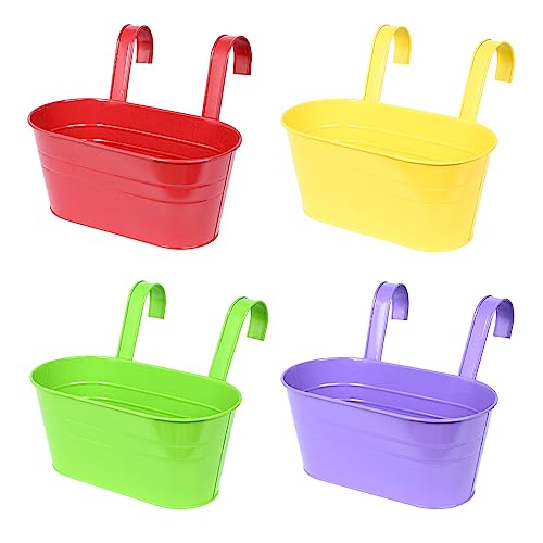 Atoke 4 Pack Metal Hanging Flower Pots for Railing Fence 27.5cm Large Plant Pot Hanging Bucket Pots flower Plant Holder with Detachable Hooks for Balcony Porch Garden Home Decors