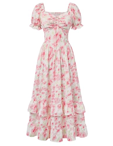 Image of Scarlet Darkness Women Floral Maxi Dress Puff Sleeve Tea Party Corset Dress | Pockets, Ruched Bust, Ruffled Hem, for Cottagecore Fairy Milkmaid Vacation