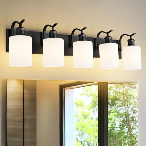 Image of 5 Light Bathroom Vanity Light, Morden Black Vanity Light Bathroom Lighting Fixtures Over Mirror Black Wall Sconces with Milky White Frosted Shade ZCVL01BKW-5