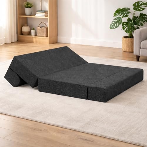 Image of Foldable Three Seater Sofa Bed 5 X 6 Ft Jute Fabric Washable Cover Sofa Cum Bed with Cushions Convertible Sofa Bed for Home (Black Color - Pre-Assembled)