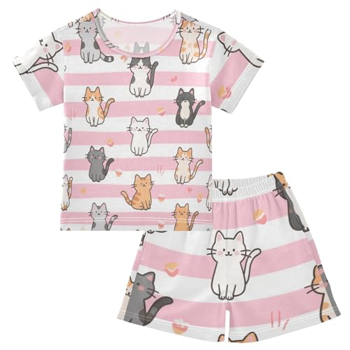 Girls 2 Piecing Short Sleeve Pj Night Pajama Pants for Children Nightwear 12Y Pink White Stripes Cartoon Cat pijamas para ni?os grandes
