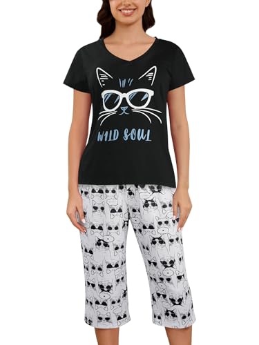 Image of YIJIU Women Soft Comfy Pajamas Cute Cat Short Sleeve Capri Pants PJS Set
