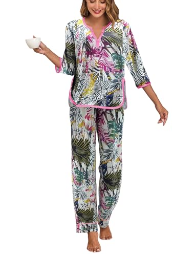 Famulily Pajamas Set for Women Floral Print Sleepwear Soft Pjs Pullover Top and Long Pants Lounge Sets Green+Pink S