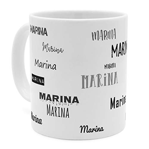 printplanet Tasse mit Namen Marina - Motiv Schriftarten Sammlung - Namenstasse, Kaffeebecher, Mug, Becher, Kaffeetasse - Farbe Weiß
