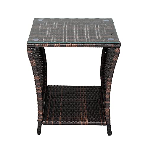 Wicker Rattan Side Table Patio Wicker Table, Outdoor Square Rattan Coffee Table End Table with Tempered Glass Top and Storage for Patio Porch Lawn (Brown) - Thumbnail 4