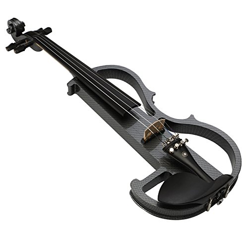 Image of Kinglos. Visual-Art Advanced Electric Violin 4 /4 Full Size Ebony Fittings | Kit Incl. Case Bow Shoulder Rest Aux Cable Spare Bridge Strings - Solid Wood Black Grid Silent Fiddle Set for Adults Beginner