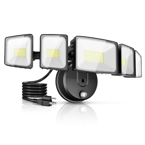 Onforu 150W 15000LM Dusk to Dawn Outdoor Lighting 5 Heads Plug in Flood Lights 6500K Super Bright Automatic Black Outdoor Lighting IP66 Waterproof Hardwired LED Security Lights for Garage Yard Outside