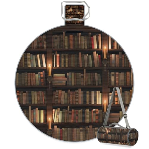 Shimoshe Vintage Bookshelf Picnic Outdoor Blanket Foldable Waterproof Sandproof Beach Blanket Portable Water-Resistant Round Picnic Mat for Travel Camping Park Lawn