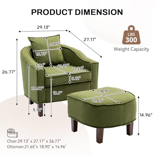 KINFFICT Olive Mid Century Modern Barrel Chair with Ottoman and Tub Arms