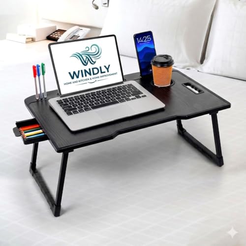 Image of WINDLY Wood Multipurpose Foldable Laptop Table with Cup Holder | Table Home Study Writing Table, Foldable and Portable /Ergonomic Edges Kids & Adults (Black)