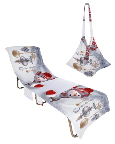 Christmas Snowman Red Beach Chair Towel Covers for Chaise Lounge with Side Pocket, Soft Plush Pool Towels Cover for Patio Sunbathing Outdoor 29''x85'' Xmas Ball Silver Pine Tree Branch