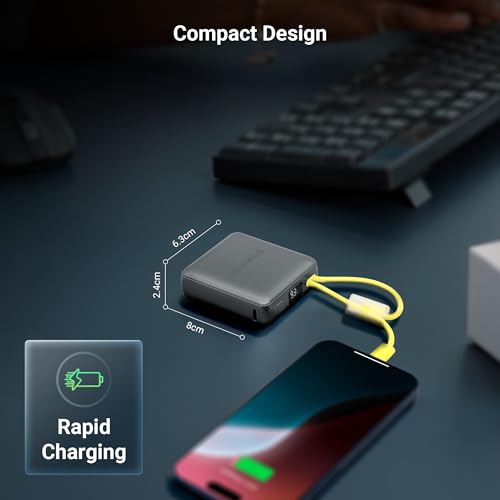 Image of ZEBRONICS EnergiTank 10R1, Compact Power Bank, 10000 mAh, 22.5W Rapid Charging, Built-in Type C & Lightning Cable + Type C Port, LED Percentage Indicator, for iPhone, Android, Tablets, Airpods (Grey)