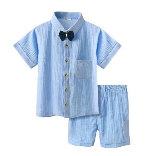 Image of Bold N Elegant Kids Linen Solid Shirt & Shorts Co-Ord Set|Stylish Party Short-Sleeve Shirt With Bow & Comfy Shorts|Cool & Comfortable Summer Wear