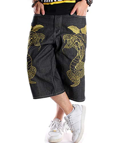 QBO Men's Casual Hip-hop Embroidery Loose Fit Jeans Denim Shorts-32
