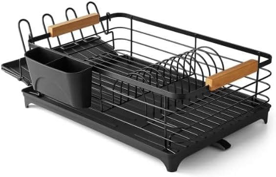 Modern Black Dish Drying Rack with Utensil Caddy and Glassware Holder – Rust-Resistant, Space-Saving Kitchen Counter Organizer