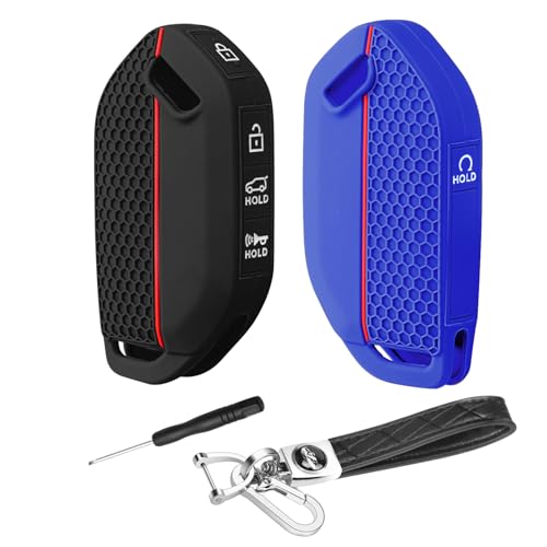 QBUC for 2PCS Kia Key Fob Cover with Keychain Soft Silicone Protection Compatible with 2023-2026 Kia Telluride 5 Buttons (Black+Blue)