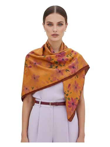 Écharpe carrée en soie naturelle marron clair à motif fleurs foulard haut de gamme 1583