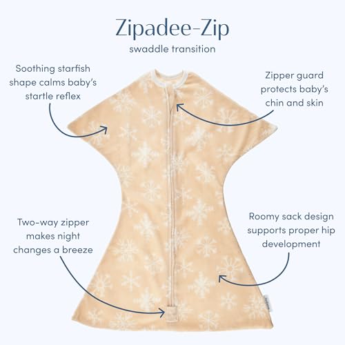 Image of SleepingBaby Zipadee-Zip Fleece Transition Swaddle - Arms-Out Wearable Blanket for Baby Sleep, Soft Breathable Fleece 0.8 TOG - Snowflakes, Medium (6-12 Month)