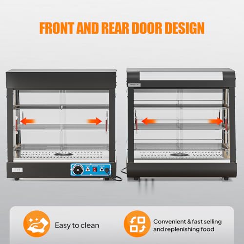 ROVSUN 26" Commercial Food Warmer Display Pizza Warmer, 3-Tier Electric Countertop Food Warmer w/LED Lighting, Adjustable Removable Shelves & Glass Door, Pretzel Warmer for Buffet Restaurant 1200W