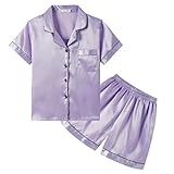 Hupohoi Unisex Kids Boys and Girls Pajama Sets Summer Short Sleeve With Shorts Sleepwear Silky Button Down Loungewear, 2pcs-Lilac, 12