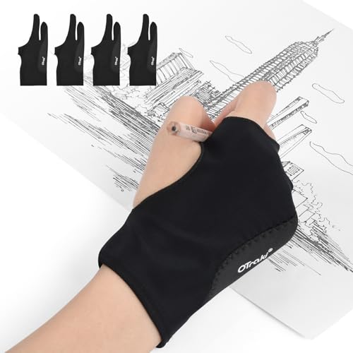 OTraki 4 Pack Artist Glove, 3-Layer Palm Rejection Digital Art Gloves for Right and Left Hand, Anti-fouling Drawing Glove with Two Fingers for iPad Tablet Graphic Drawing Art Creation Paper Sketching