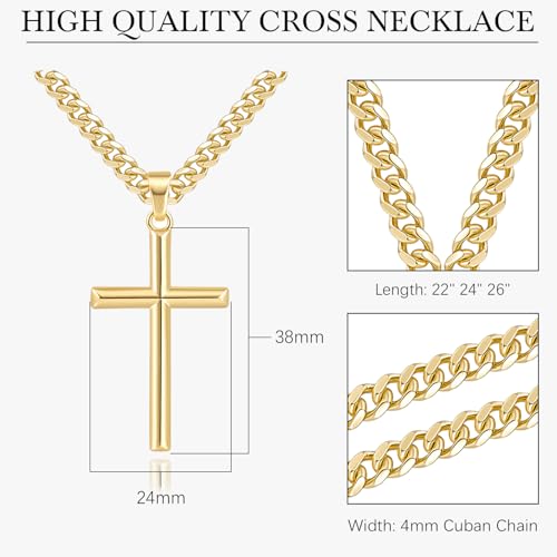 NICRET Gold Cross Necklace for Men 14K Cross Pendant for Men Simple Angular Edges with 4mm Cuban Chain Mens Crosses Chain2