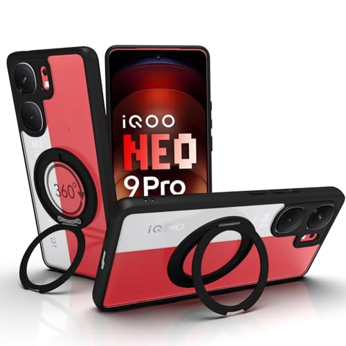 Image of RIGGEAR Shockproof Sleek Hybrid Armor 360 Rotating Magnetic Ring Stand Back Cover Case Compatible with MagSafe Accessories for iQOO Neo 9 Pro 5G (Clear PC + Black TPU Bumper)