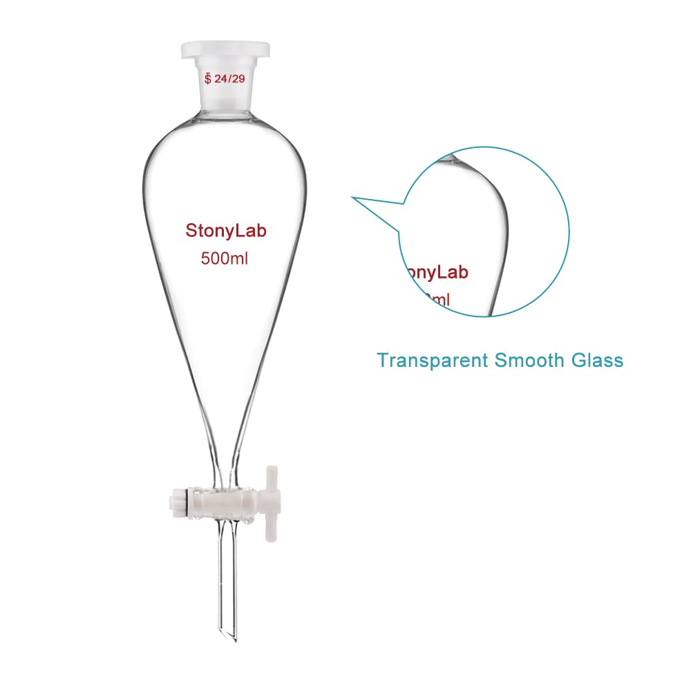 stonylab Borosilicate Glass 500 ml Heavy Wall Conical Separatory Funnel with 24/29 Joints and PTFE Stopcock, 500 ml — Amazon image 4