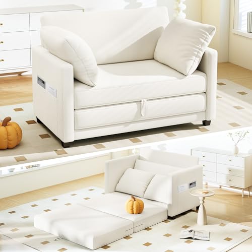 Myroyalsit 51" Convertible Sofa Bed, 2 in1 Folding Sofa Bed, Loveseat Sleeper Sofa for Small Spaces, Fold Out Floor Couch with 2 Pillows for Apartment, Living Room & Guest Room, Beige Chenille Fabric