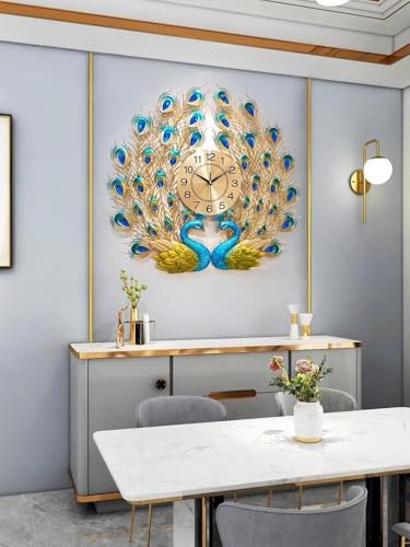 Image of European Style Luxury Large 2 Head Peacock Analog Clock 3D Diamonds Non-Ticking Silent Creative Personality Metal Art Wall Decorative Clock (2 Head Peacock Clock)