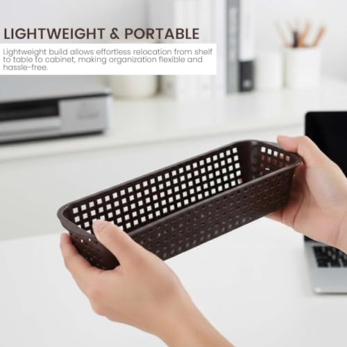 Image of Go Hooked Rectangular Plastic Drawer Organizer (Set of 3) - Multipurpose Storage Basket for Makeup, Stationery, Desk & Home Organization - Durable & Compact (Brown)