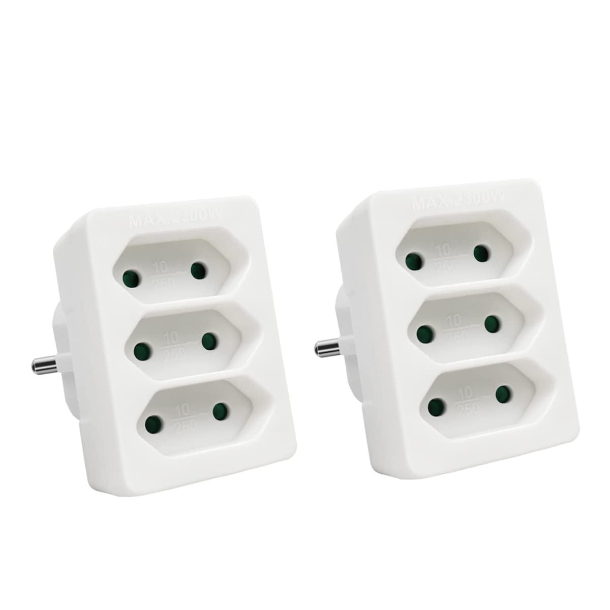 EXTRASTAR 3 en 1 Adaptador Plano con 3 Enchufes Schuko, 3 Tomas Adaptador, hasta Carge 2300W, 10A, 250V, Blanco, 2 pcs
