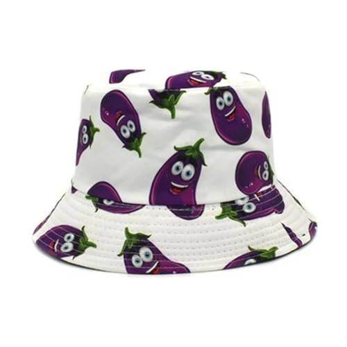 BrightGlow Fischerhut Sonnenhut Damen Herren Sommer Fischerhüte Obst Hut Faltbarer Sonnenblende Beideseitig Tragen Bucket Hat UV-Schutz Strand-Sonnenhut Wanderhut Weiße Aubergine Einheitsgröße