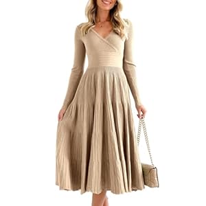 Saodimallsu Womens Long Sleeve Midi Sweater Dress Wrap V Neck Pleated A Line Fit Flare Elegant Knit Maxi Dress