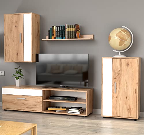 Home Heavenly® - Mueble salón Modular Bosco de 230 cm. Conjunto Completo Mueble TV + 2 vitrinas + Estante (Krenata-Blanco)