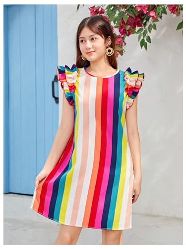 Floerns Girl's Rainbow Striped Print Ruffle Trim Cap Sleeve Short Tunic Dress3