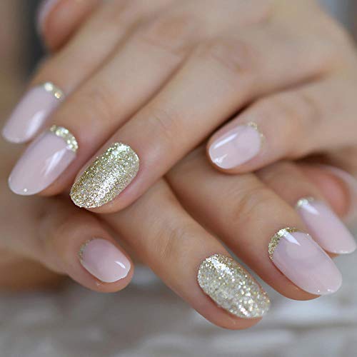 MXLYR Künstliche Nägel Hellrosa ovale gefälschte Nägel Täglicher Stil Gold Glitter Kurze Nagelkunst-Tipps Drücken Sie…