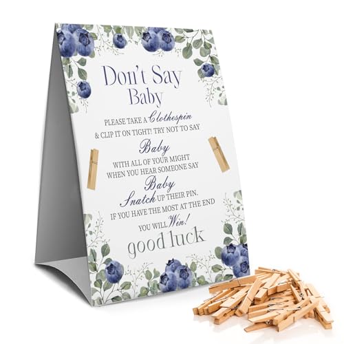 Muruseni Don't Say Baby Clothespin Games Sign(1 Sign + 50 Mini Clothespins), Baby Shower Games, Green Leaf Blueberries,Gender Neutral