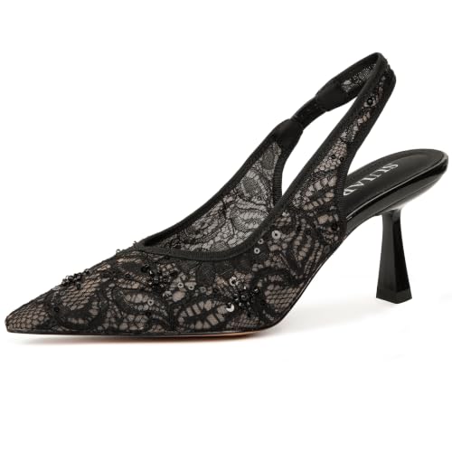 Image of Slingback Wedding Heels for Women Bridal Lace Mesh Kitten Heel Closed Pointed Toe Pearl Pumps Shoes
