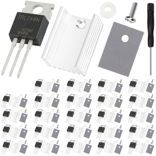 Image of DAOKAI 20 pcs IRLZ44N Mosfet Transistor N-Channel Enhanced IRLZ44NPBF N-Channel TO-220 47A 55V 3Pin Field-Effect Transistor Logic Level Control with Heatsink screw washer Rubber Silicone screwdriver