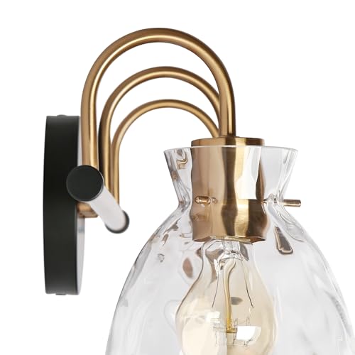 Image of KSANA Modern Bathroom Light Fixtures, Vintage 3 Light Vanity Lights Over Mirror Black and Electroplated Brass Bathroom Vanity Light with Water Ripple Glass, 23 inch W